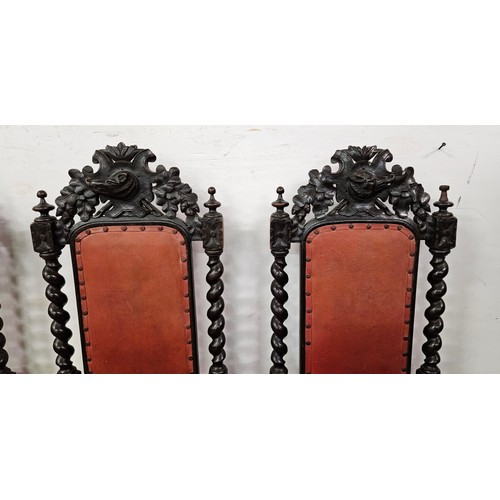 33 - Set of 6 x 19thC Jacobean black oak high back Dining Chairs, with ornately carved crests featuring b... 
