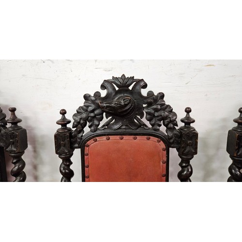33 - Set of 6 x 19thC Jacobean black oak high back Dining Chairs, with ornately carved crests featuring b... 