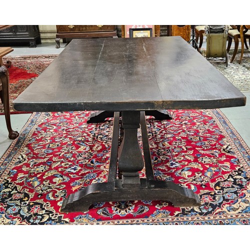34 - Victorian Jacobean black oak Dining Table with a large rectangular top,  baluster ends with stretche... 