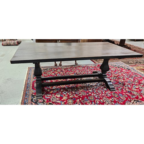 34 - Victorian Jacobean black oak Dining Table with a large rectangular top,  baluster ends with stretche... 