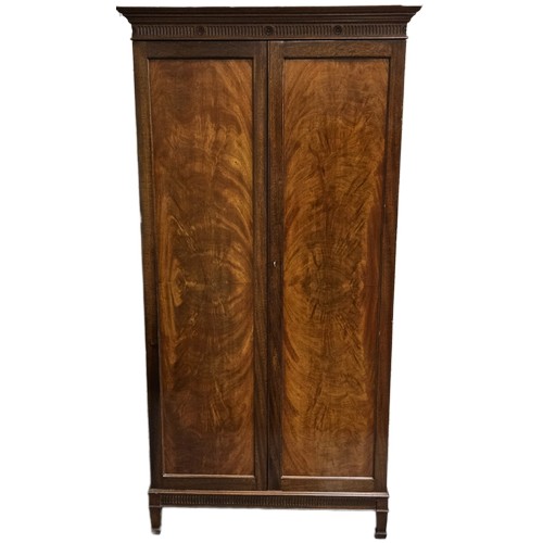 59 - Edw. Mahogany Wardrobe -  2 flamed patina doors enclosing a hanging closed and 5 cupboard shelves, o... 