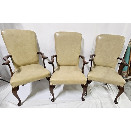 29 - Set of 3 Tall Back Boardroom Armchairs with mahogany armrests and legs, cream leatherette covered ba... 