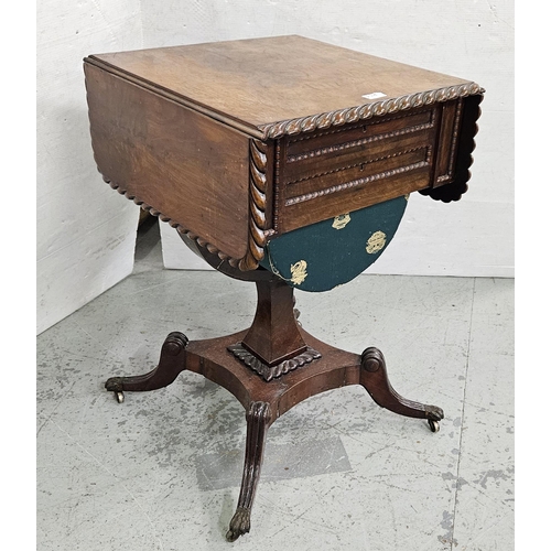 46 - WMIV Rosewood Sewing Table, the roped edge top having drop end leaves, above 2 drawers with egg and ... 