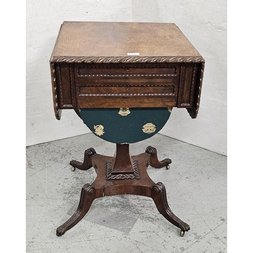 46 - WMIV Rosewood Sewing Table, the roped edge top having drop end leaves, above 2 drawers with egg and ... 