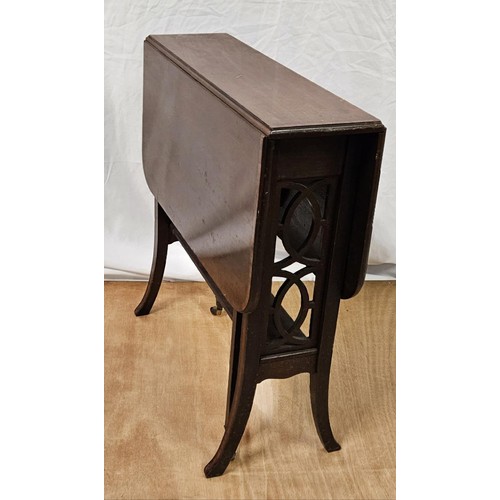 39 - Inlaid Edw. Mahogany Sutherland Table with pierced ends, gently curved legs, 60cmD x 62cmH