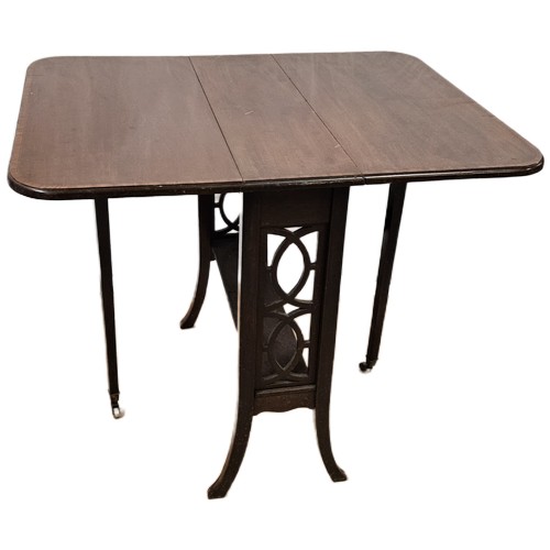39 - Inlaid Edw. Mahogany Sutherland Table with pierced ends, gently curved legs, 60cmD x 62cmH