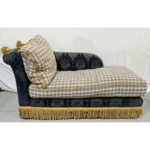 20 - Lovely Chaise Lounge, upholstered in blue and deep gold fabric, with trestle of tassels, removeable ... 