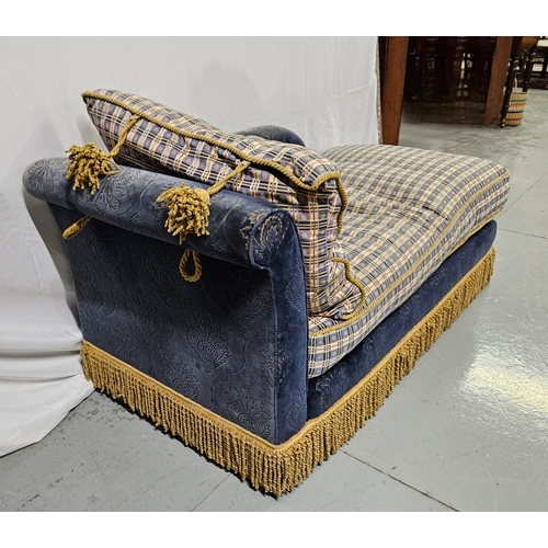 20 - Lovely Chaise Lounge, upholstered in blue and deep gold fabric, with trestle of tassels, removeable ... 