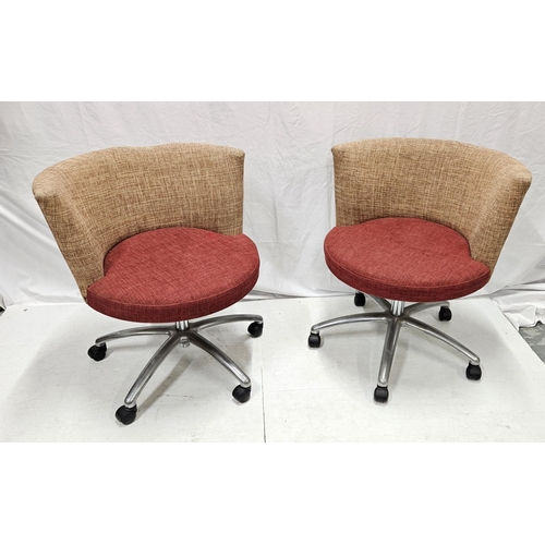 25 - Matching Pair of mid-Century style Swivel Chairs, upholstered with gold and red fabrics, on chrome b... 