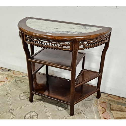 51 - Chinese hardwood Side Table, the bow-shaped top inset with a green and white veined marble top, abov... 