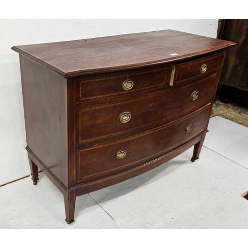 60 - Bow-front mahogany chest of drawers, satinwood inlaid, on tapered legs, castors, 84cmH x 115cmW x 54... 