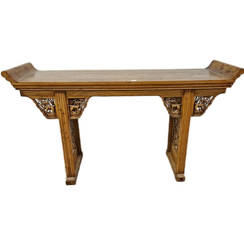 37 - Chinese Elm Alter Table, with curved ends and featuring dragon design carvings, 1.64cmW x 94cmH x 47... 