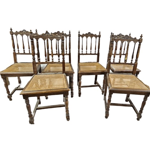 6 - Set of 6 Vintage French Walnut Dining Chairs with cane seats, square stretchers,  spindle backs, 95c... 