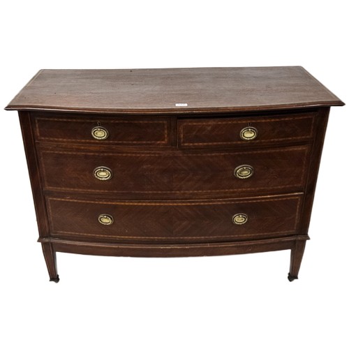 60 - Bow-front mahogany chest of drawers, satinwood inlaid, on tapered legs, castors, 84cmH x 115cmW x 54... 