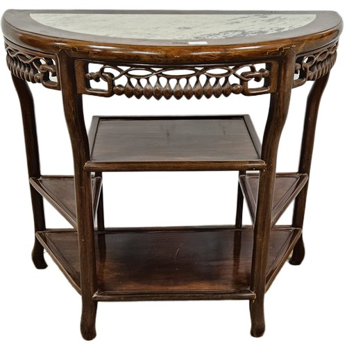 51 - Chinese hardwood Side Table, the bow-shaped top inset with a green and white veined marble top, abov... 