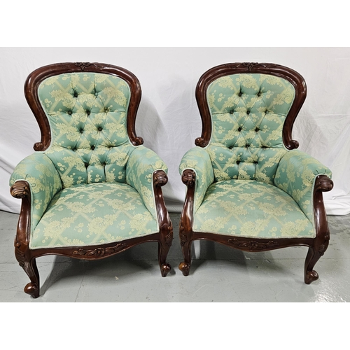 3 - Pair of Victorian Style Armchairs, with cabriole arms and feet, deep buttoned backs, teal green with... 