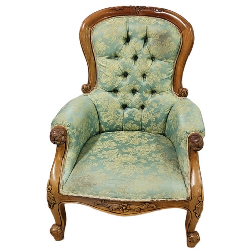 23 - Victorian Style Light Mahogany Colour Armchair, mint green and gold fabric with cabriole feet (v.goo... 