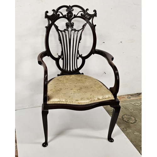 8 - Edwardian Mahogany ornately backed Sitting Room Chair, floral seat, pad feet
