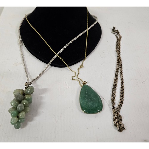 25 - JadeJadeite Stone Green Grape Pendant on a white metal neck chain, a green aventurine Pendant on a g... 