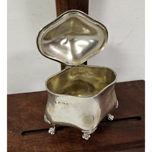 20 - Birmingham Silver Shaped Pot with a hinged lid, on 4 paw feet, 9cmH x 11cmW, very good condition, 12... 