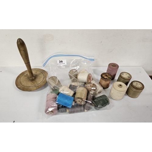 36 - Large group of British thread spools incl. Polo Threads etc & a Vict circular wood spool holder