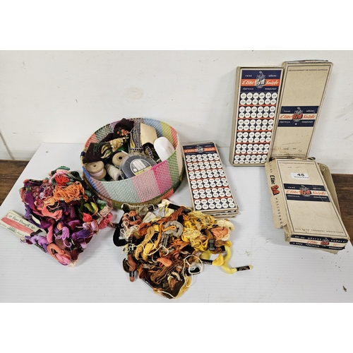 45 - 2 boxes of vintage Buttons, 2 bags of thread & a colourful box of thread