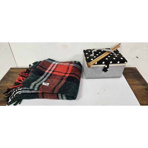 50 - Large Pair of wooden Knitting Needles, a wool blanket & a polka dot sewing basket (3)
