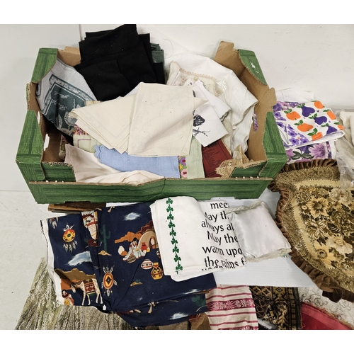 52 - Small box of various upholstery materials & a box of table napkins etc