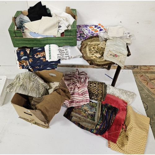 52 - Small box of various upholstery materials & a box of table napkins etc
