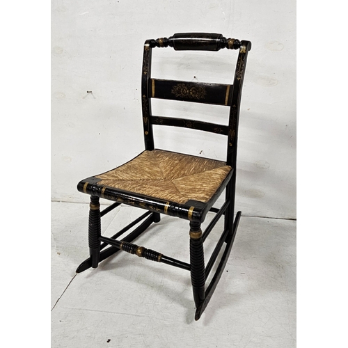 59 - Antique ebonised Childs Rocking Chair, with rush seat (perfect condition seat), 75cmH