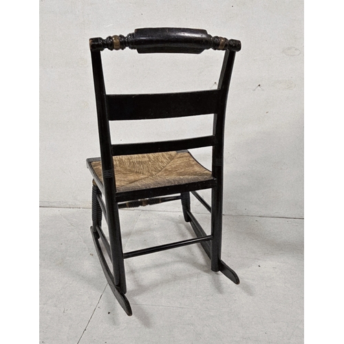 59 - Antique ebonised Childs Rocking Chair, with rush seat (perfect condition seat), 75cmH