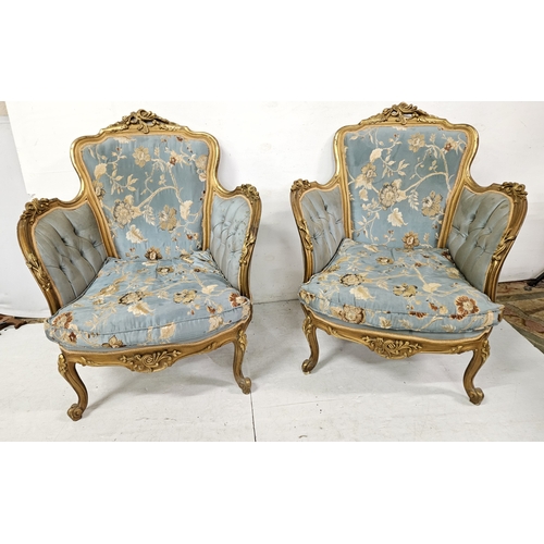 58 - Matching Pair of blue chinoiserie covered Sitting Room Chairs, in gold frames