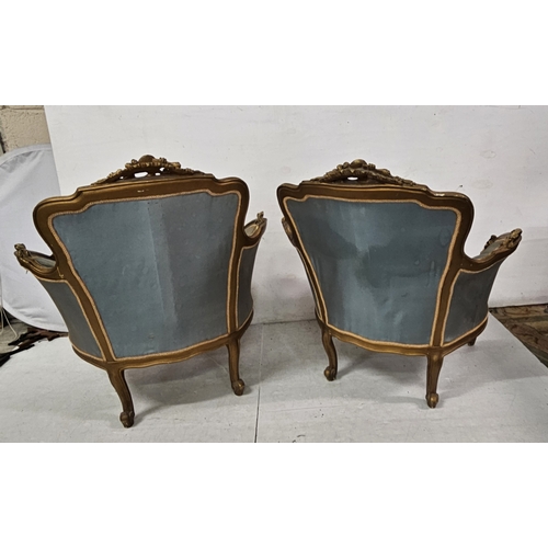 58 - Matching Pair of blue chinoiserie covered Sitting Room Chairs, in gold frames