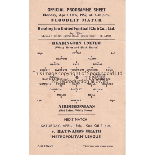 74 - HEADINGTON / AIRDRIE      Single sheet programme Headington programme v Airdrieonians Friendly match... 