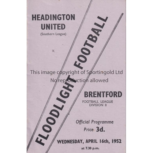 75 - HEADINGTON / BRENTFORD     Four page card programme for the floodlight friendly match v Brentford 16... 