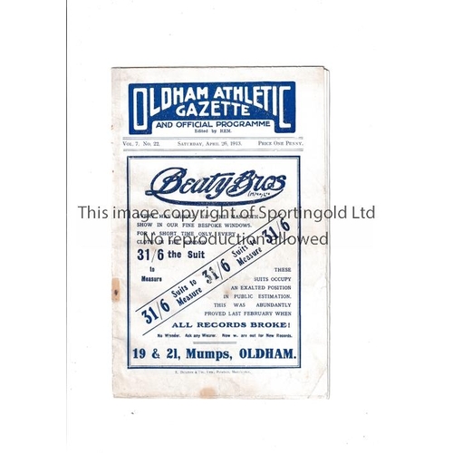 103 - MANCHESTER UNITED       Programme for the away League match v Oldham Athletic 26/4/1913, staples rem... 