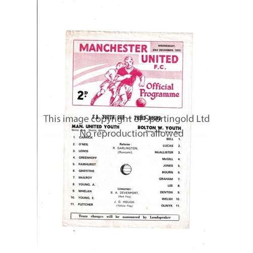 108 - MANCHESTER UNITED     Single sheet programme for the home Youth Cup tie v Bolton Wanderers 23/12/197... 