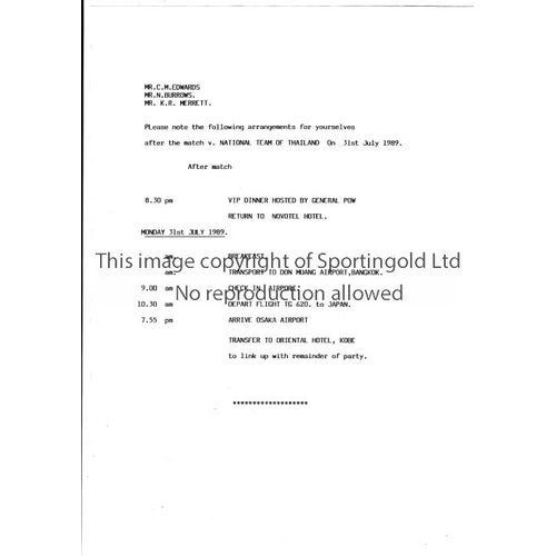 118 - MANCHESTER UNITED     Official Director's Itinerary sheet for after match v the National Team of Tha... 
