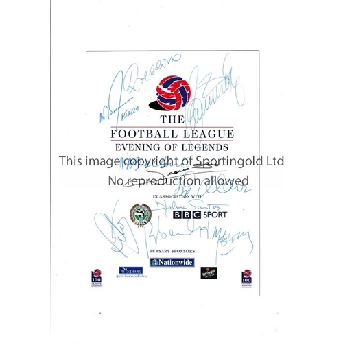 386 - FOOTBALL LEGENDS AUTOGRAPHS     A menu for the Football League Evening of Legends signed on the cove... 