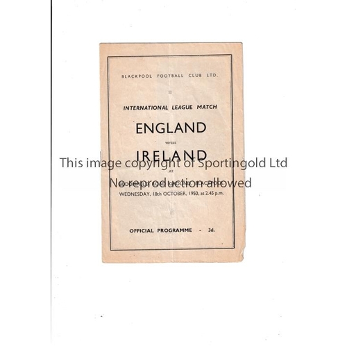 61 - ENGLISH LEAGUE V IRISH LEAGUE AT BLACKPOOL 1950    Programme for the Inter League game at Bloomfield... 