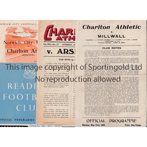 1391 - CHARLTON ATHLETIC   Three home programmes v Millwall 1944/45 single sheet Friendly and two programme... 