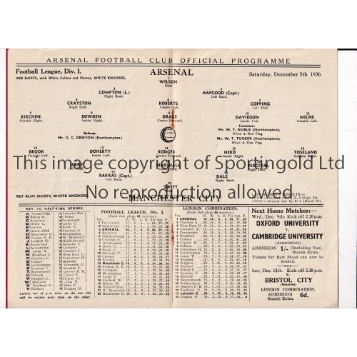 27 - ARSENAL V MANCHESTER CITY 1936      Programme for the League match at Highbury 5/12/1936 in City's C... 