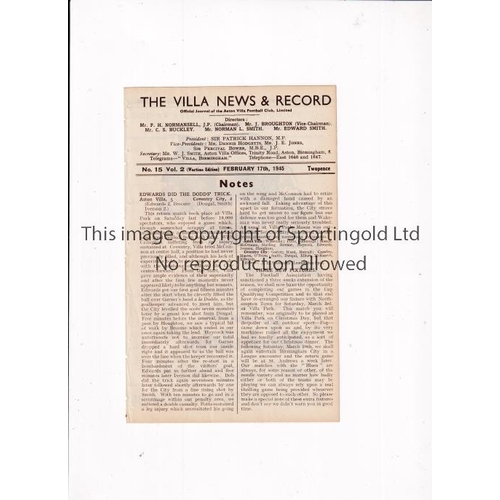 30 - ASTON VILLA      Programme for the home FL War Cup North Qualifying tie v Walsall 17/2/1945, ex-bind... 