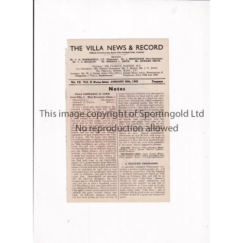 31 - ASTON VILLA      Programme for the home FL War Cup North Qualifying tie v Birmingham City 20/1/1945,... 