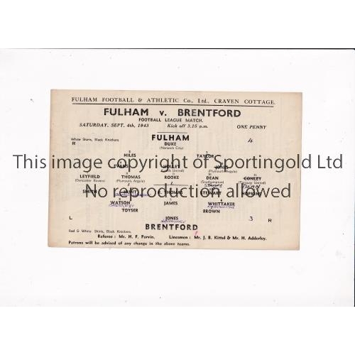 338 - FULHAM     Programme for the home Football League South match v Brentford 4/9/1943, very slightly cr... 