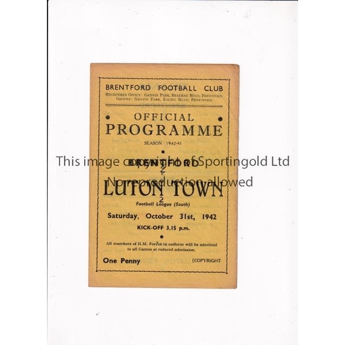 343 - BRENTFORD     Programme for the home Football League South match v Luton Town 31/10/1942, score on t... 