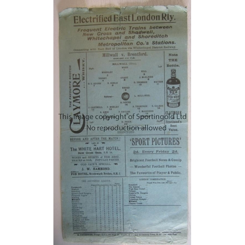 346 - MILLWALL   Single card programme for the home Southern League match v Brentford 8/9/1919, folded and... 