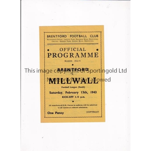 347 - BRENTFORD     Programme for the home Football League South match v Millwall 13/2/1943.     Good