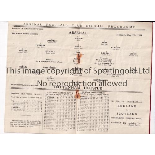 35 - ARSENAL V TOTTENHAM HOTSPUR 1934     Programme for the London Challenge Cup Final at Highbury 7/5/19... 