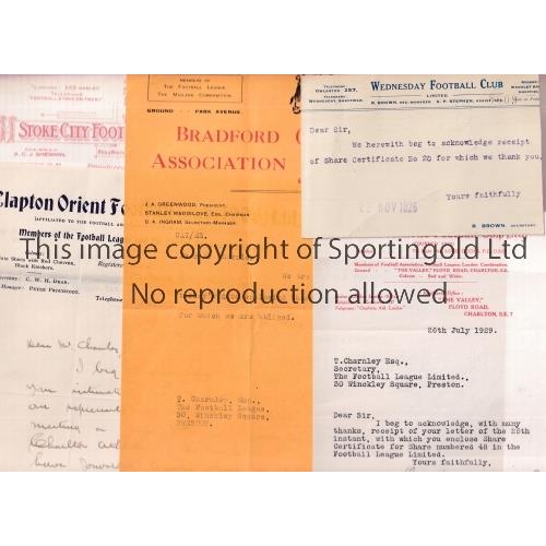 40 - FOOTBALL CORRESPONDENCE 1920's     Six items including 5 official letterheads from Clapton Orient, B... 